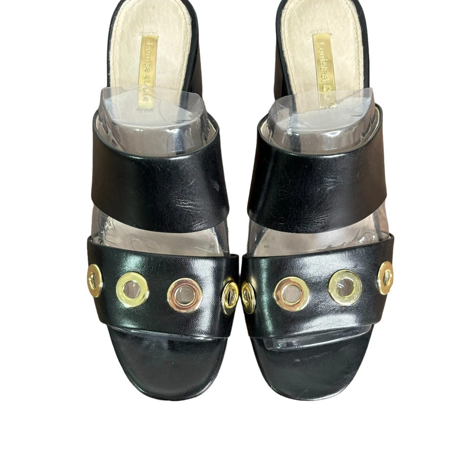Sandalias Louise et Cie para mujer 8,5 cuero negro dorado ojales tacones bloque punta abierta Foto 2 de 4