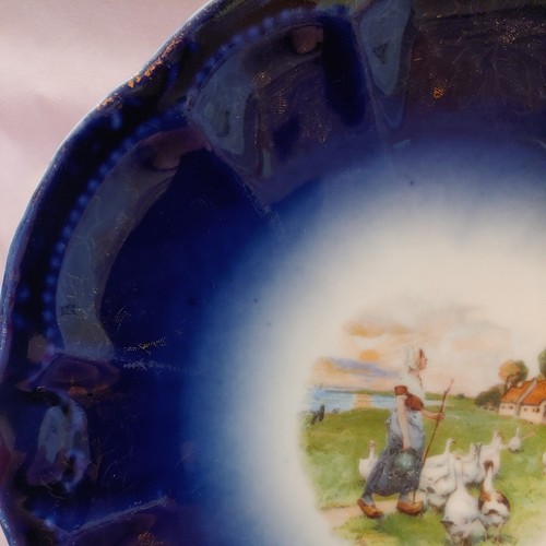 COBALT TRIM PLATE WITH CENTER SCENE 8" geese farm lady wearing wooden Dutch clog - Picture 4 of 7