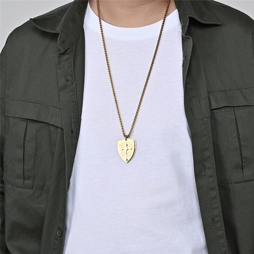 Men Cross Pendant Necklace Stainless Steel Shield Armor of God Ephesians Bible - Picture 4 of 18