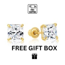 14k Yellow Gold Square Princess Cut CZ Stud Earrings with screw back