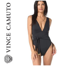NWT Vince Camuto Sz 8 Black Side Tie Belted Plunge One Piece Swimsuit NEW