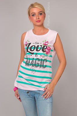 Damen Top OUR LOVE IS MAGIC Druck ärmellos Baumwolle T-Shirt Größen 8-14 FB57