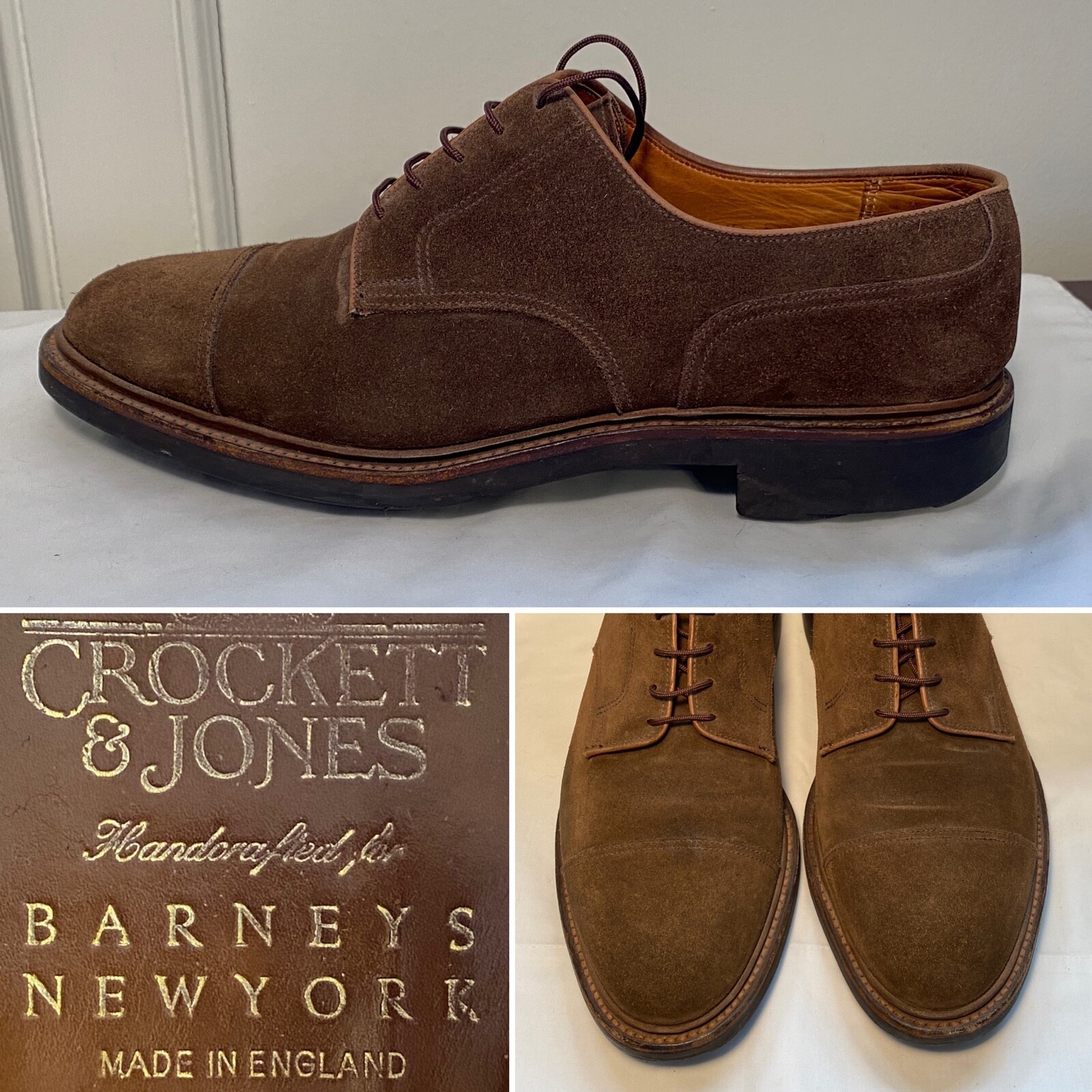 SAOLA Scarpe eleganti Rockett & Jones Barneys NYC taglia 10 marrone scamosciato punta a cappuccio Derby Oxford