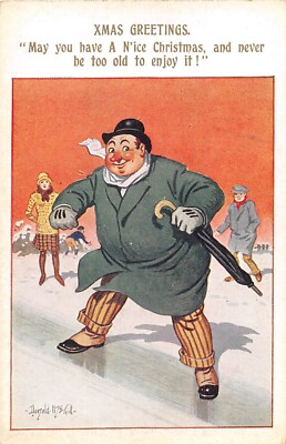 POSTKARTE DONALD MCGILL WEIHNACHTSGRÜSSE DICKER MANN EISLAUFEN GENIESSEN