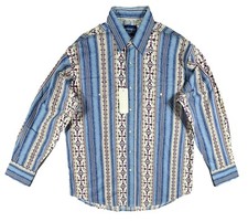 Vintage Wrangler Western Shirt Mens Large Blue Aztec Pearl Snap Long Sleeve New