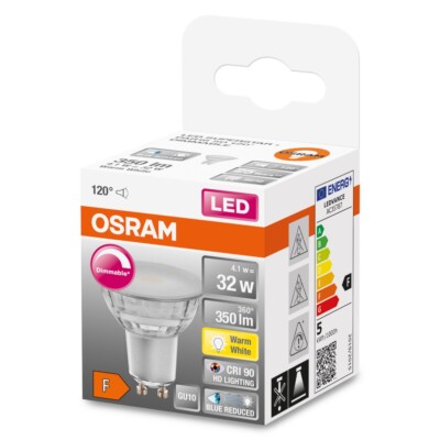 OSRAM LED Spot Strahler Superstar Plus GU10 4,1W 350lm warmweiss 2700K 120°