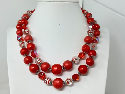 Vintage 2-Strand VENDOME Silvertone Red Glass and Plastic Bead Necklace