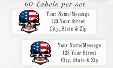 60 Personalized Return Address Labels 2/3" x 1 3/4" - USA American Flag Skull