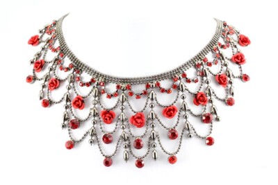 Red Fancy Austrian Rhinestone Crystal Fancy Rose Necklace Earrings Set A 48116