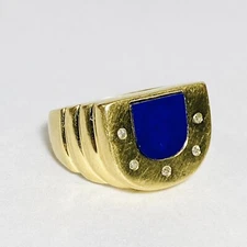 Vintage 14K Yellow Gold Lapis Lazuli .01ctw Diamond Size 6 Horseshoe Ring 5.7g