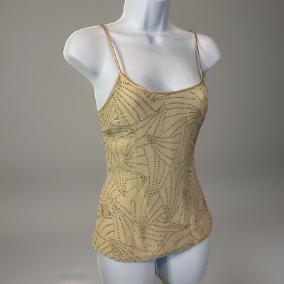 Vintage CACHE Rare2Find Y2K Beige 100%Silk Rhinestone Embellished Top SlimFit XS
