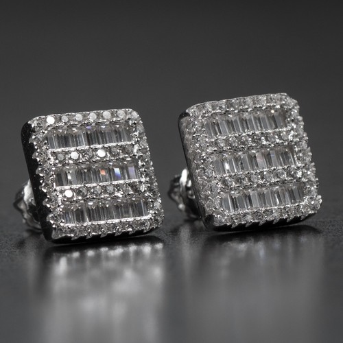 Orecchini Hip Hop Iced Cz Baguette Uomo Argento Sterling Quadrato Borchia Vite Indietro - Foto 2 di 7