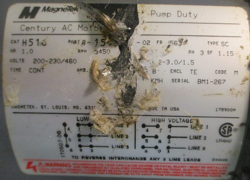 Magnetek H516 Century 8-159363-02 AC Motor 1HP 3PH 5/8" Shaft Dia 7/16" Thd Dia - Picture 3 of 10