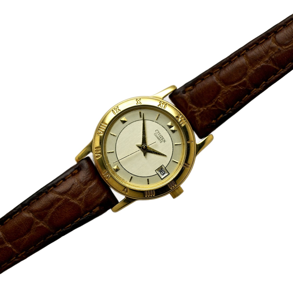 Citizen Ladies Vintage Gold Plated Wrist Watch Silver Dial Genuine Leather Brown Vintage Citizen Gold Tone Classic Style Womens Watch, Brown  main image 4
