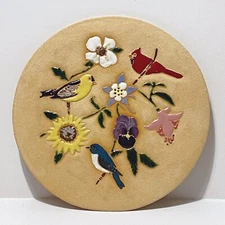 Handmade Stoneware Art Trivet Birds Flowers Clay Tile Artisan Eloise Studio USA