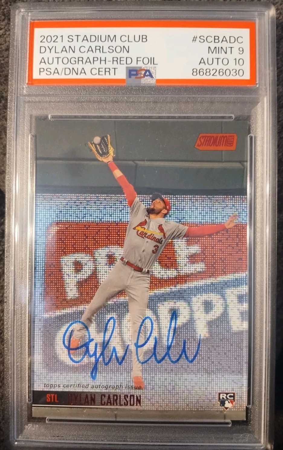 2021  Stadium Club Red   Foil Dylan Carlson RC Auto  PSA 10 AUTO PSA 9 CARD /50