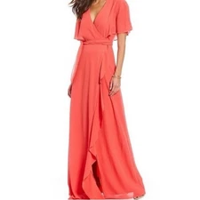 Heritage H Halston Coral Ruffle Wrap Maxi Dress Women Adjustable XS