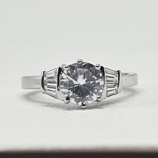 CZ Engagement Ring Round Cut Baguettes Silver Tone Sz 6.5 With Comfort Sizer