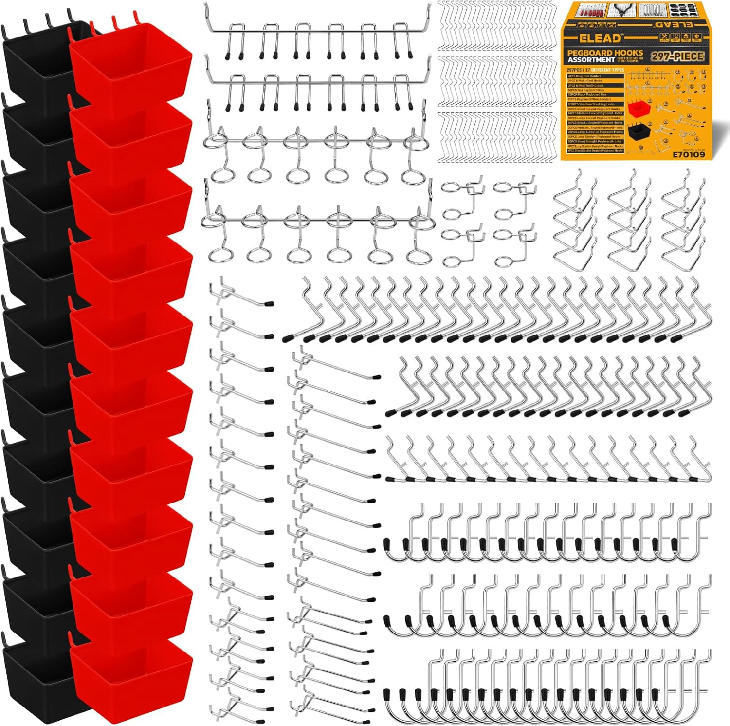 ELEAD 297 Piece Pegboard Hooks Kit, Peg Board Organizer Accessories with Bins fo