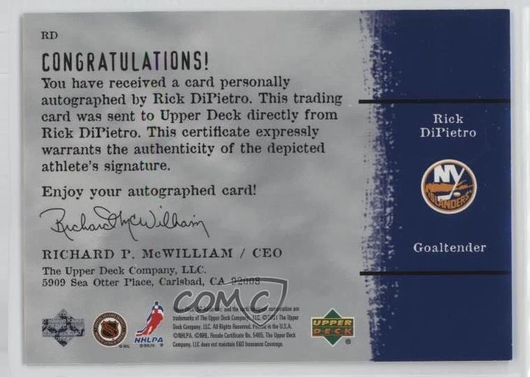 2000-01 SP Authentic Sign of the Times Rick DiPietro #RD Rookie Auto RC - Image 2 of 2