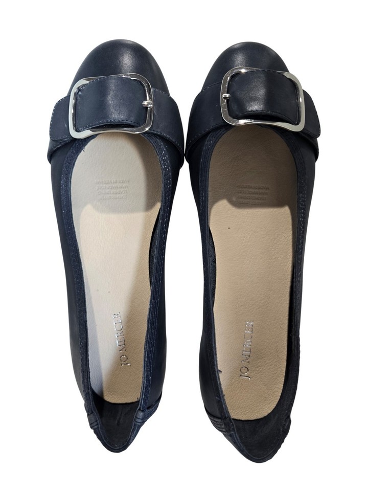 jo mercer blue leather ballet flats faroe closed toe buckle detail size 9