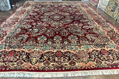Sarouk Rug 12x17 Wool Handmade Antique Oriental Carpet Dark Red Floral