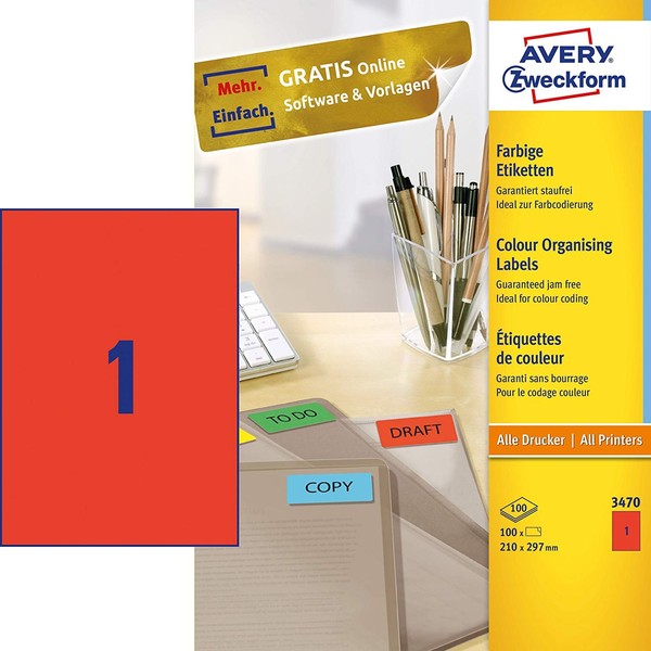 Avery Zweckform Universal Etiketten 210 X 297 Mm Rot 100 Etiketten-image
