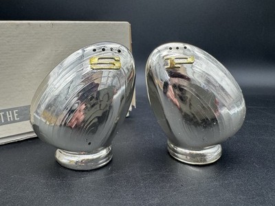 Vintage Chrome Salt Pepper Shakers Japan On the Half Shell Atomic MCM w Box