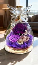 NIB Forever Flower Purple Rose in Glass with Led Lights, GIft