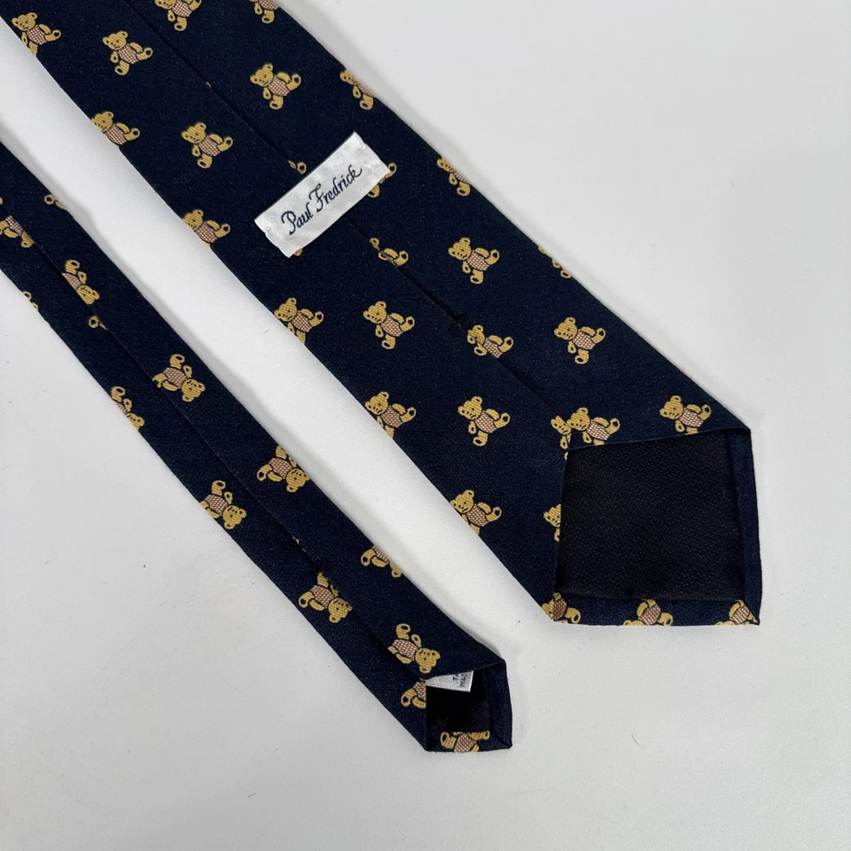 Gravata masculina Paul Frederick ursinhos de pelúcia azuis italiana 100% seda vintage feita à mão EUA - Imagem 4 de 4