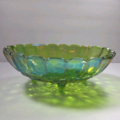 Large Vintage Carnival Green Footed Indiana Glass Fruit Bowl 12" x 8.5" x 4.5"