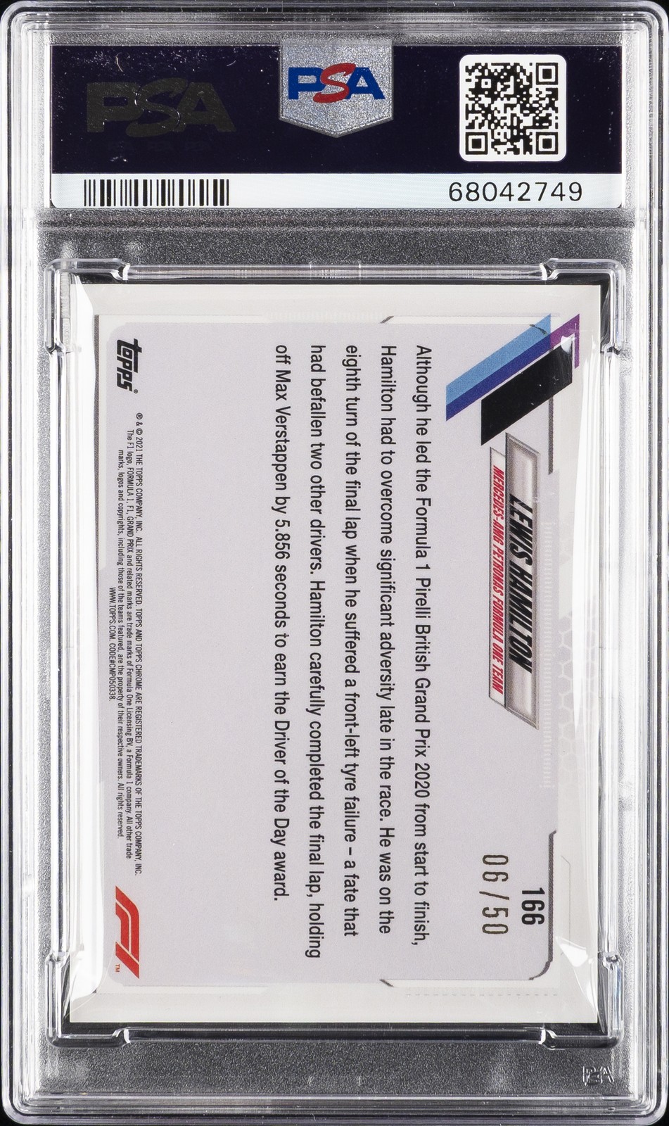 2021 TOPPS CHROME FORMULA 1 SAPPHIRE EDITION GOLD #166 LEWIS HAMILTON 6/50 PSA 9 view 2