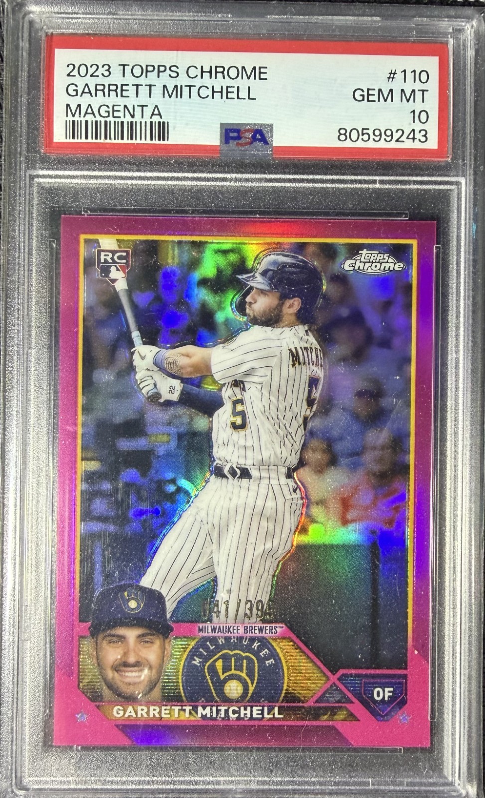 2023 Topps Chrome - Garrett Mitchell #110 Pink Refractor (RC) PSA 10 view 1