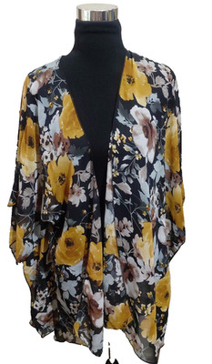 Emory Park Sheer One Size Black Gray & Orange Floral Kimono Cover Up Open Front