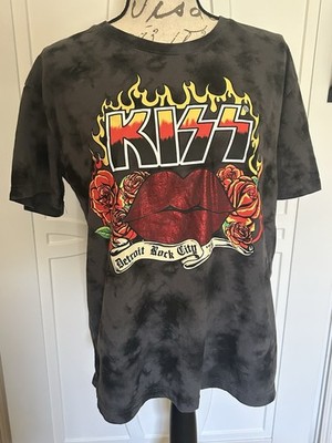 Kiss Detroit Rock City  '76 Women s Flames Lips Tie Dye Crew neck T Shirt