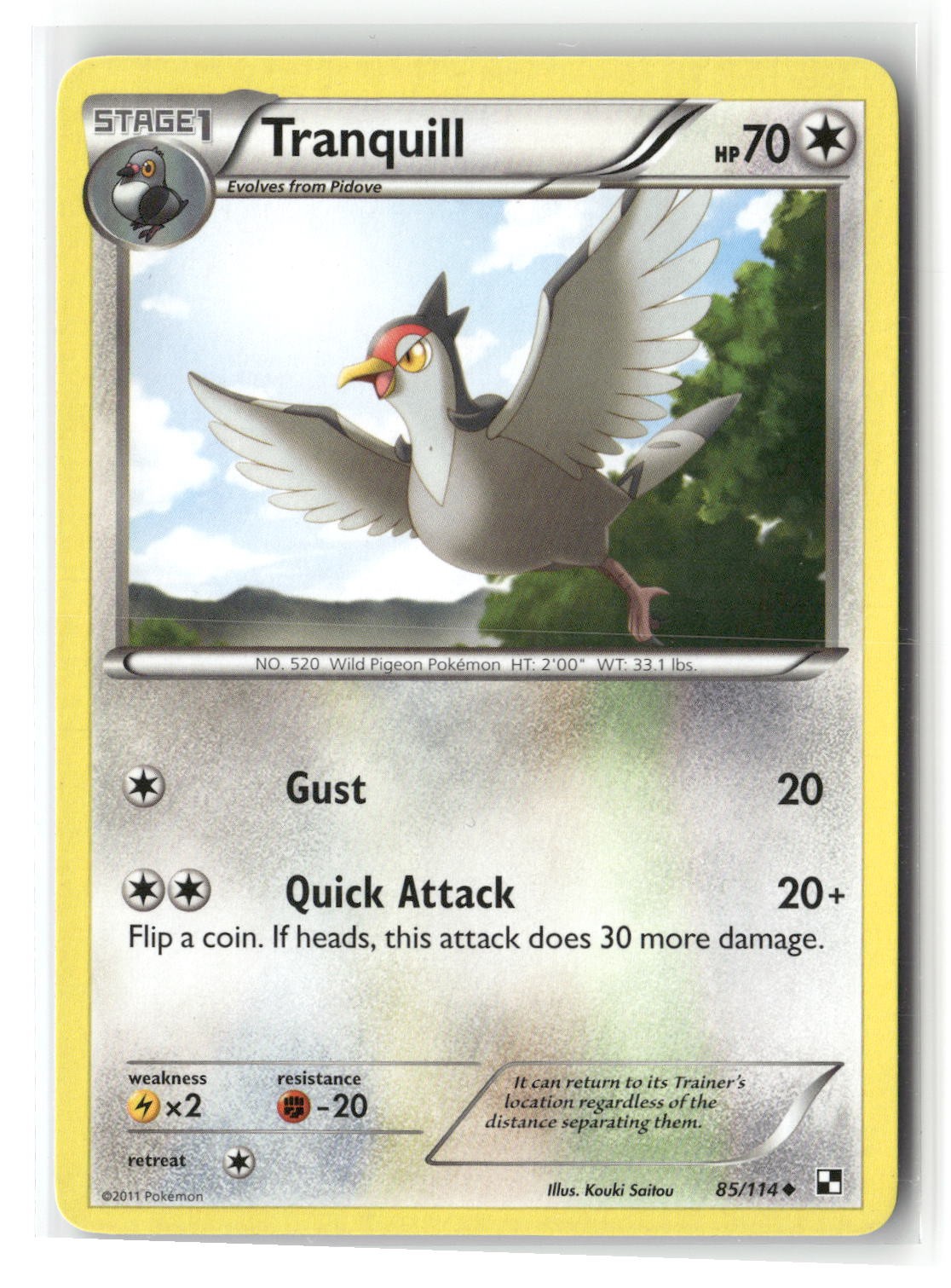 Tranquill Uncommon Black & White 85/114 Pokemon Moderately Played