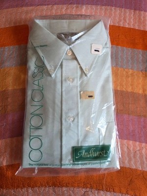 70s Men's Andhurst Vtg SS Dress Shirt Perm Press CREAM Sz 15.5 BIG Collar w/ Tie