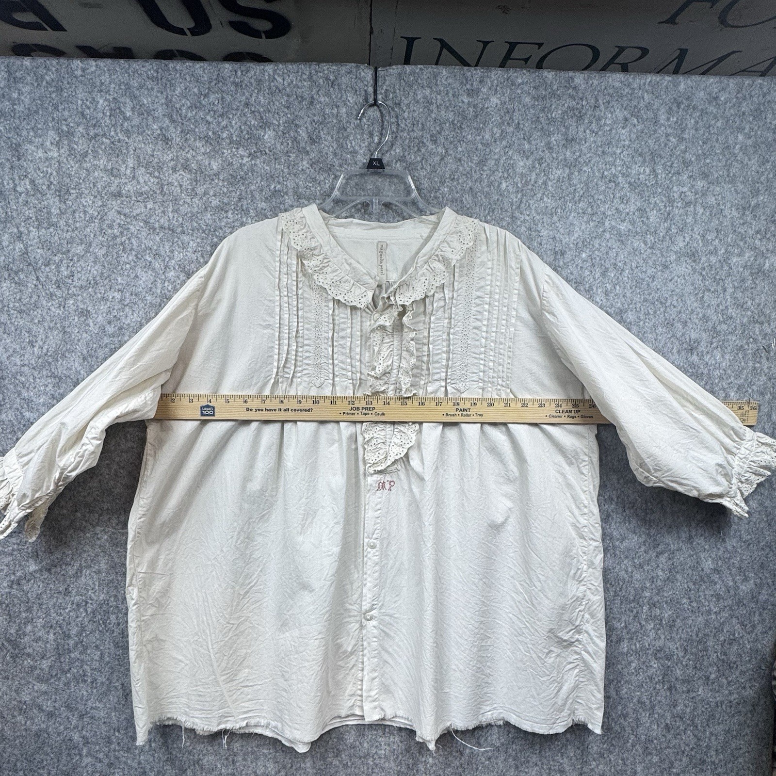 VTG Magnolia Pearl Early Blouse Women OS Ivory Cotton Pintuck Ruffle Eyelet Rare image 2