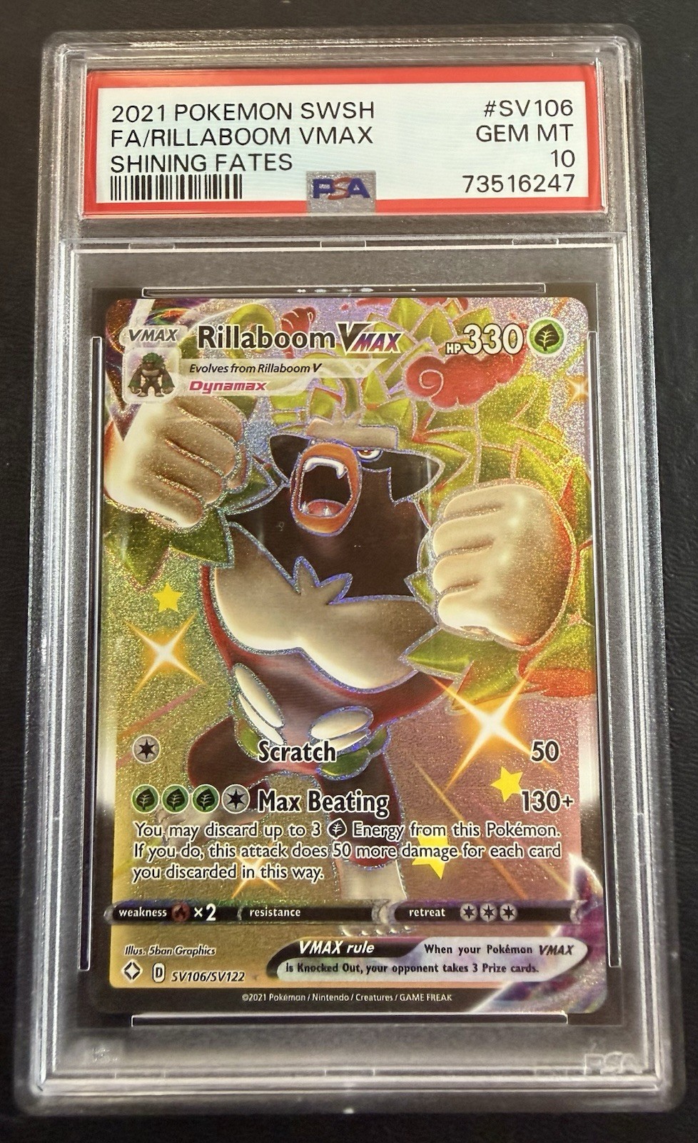 2021 Rillaboom VMAX SV106/SV122 Shining Fates Shiny Vault Holo Full Art PSA 10