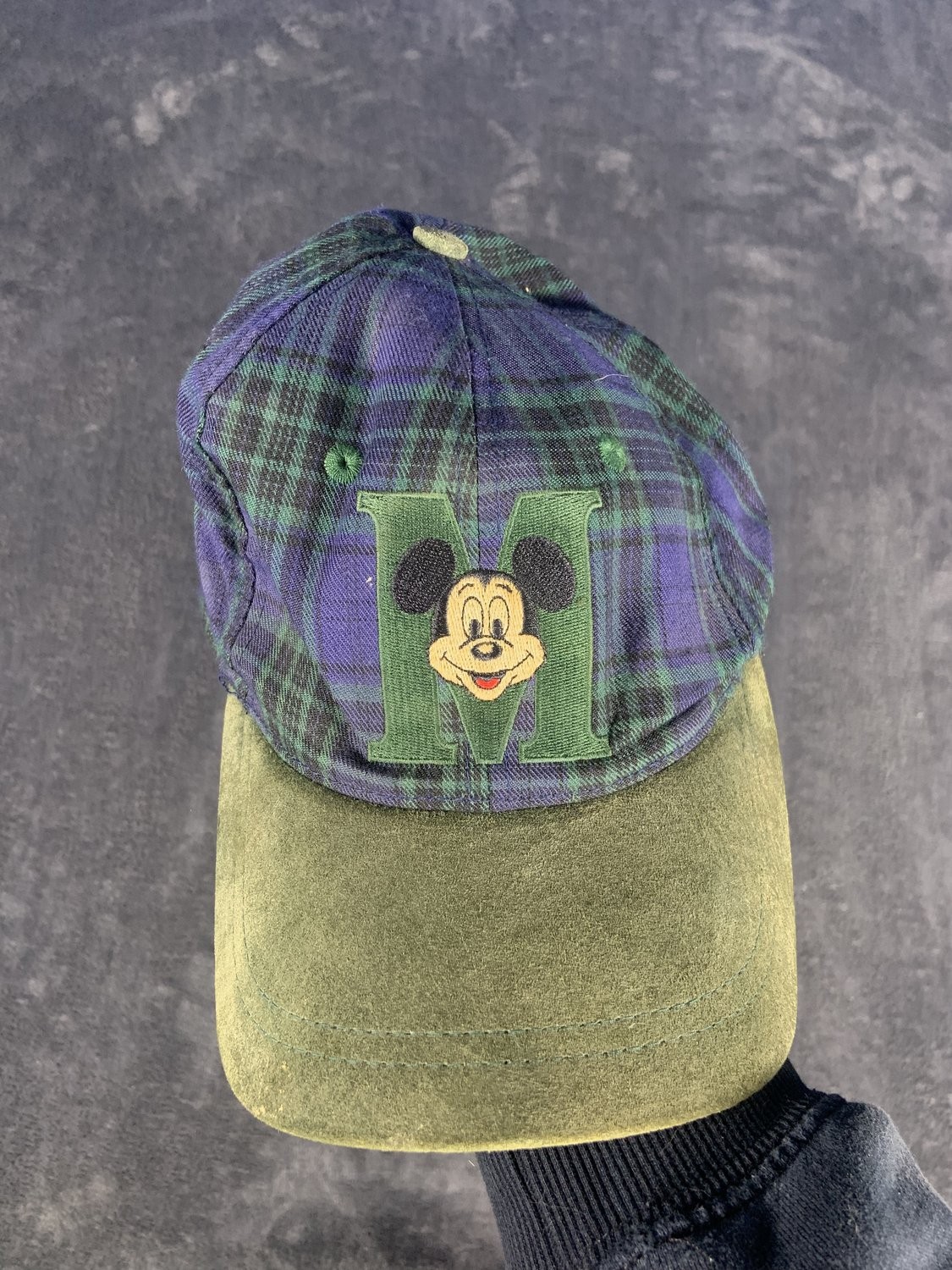 Vintage Disney Mickey Mouse Black Watch Plaid Flannel Snapback Hat 90s Cap Suede
