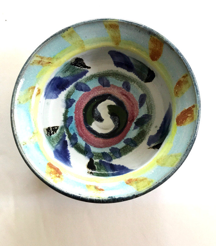 Suki Diamond - Rare early Pottery Bowl, 1970s -BEAUTIFUL Colorful design, signed