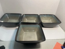 4 GIBSON Square Cereal, Bowls, Taupe & Blue Tequesta By Gibson Elite  2319