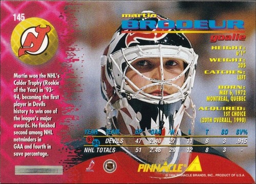 1994-95 Pinnacle #145 - Martin Brodeur - Picture 2 of 2