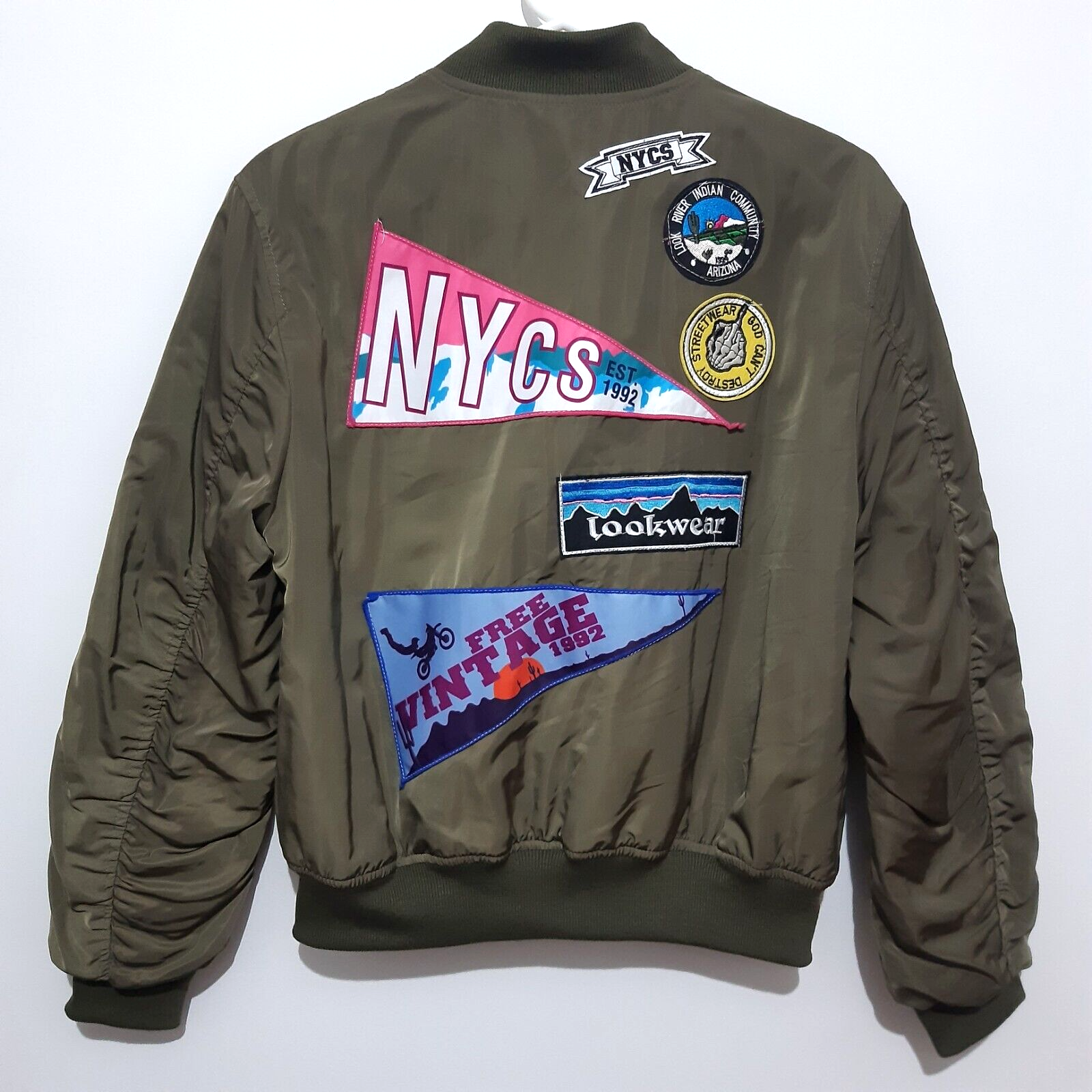 Bomber Jacket Mens Olive Green Patch DKNY Jeans US Army NYCS Size Medium-image