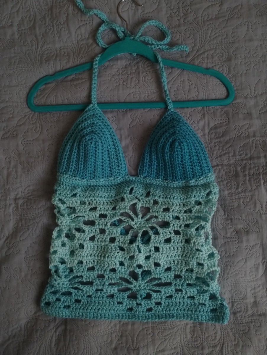 Handmade Crochet Blue Ombre Backless Flower Detail Halter Top