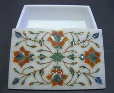 Multicolor Stone Decorative Box for Bedroom White Marble Trinket Box 6 x4 Inches