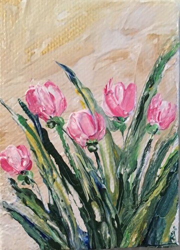PINK TULIPS ~ACEO ~ ACRYLIC PAINTING~ SIGNED BY ARTIST