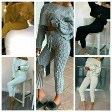 Women Cable Knit Crop Top Suit Ladies Co ord Loungewear 2pcs Tracksuit Set