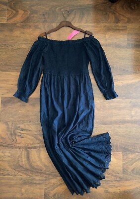 Lilly Pulitzer LARGE Boho Bash ONYX ARLYNN OFF SHOULDER MAXI DRESS Eyelet NWT