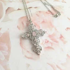 Crystal Cross Necklace Pink Stones Religious Belief Faith Beautiful Item NEW